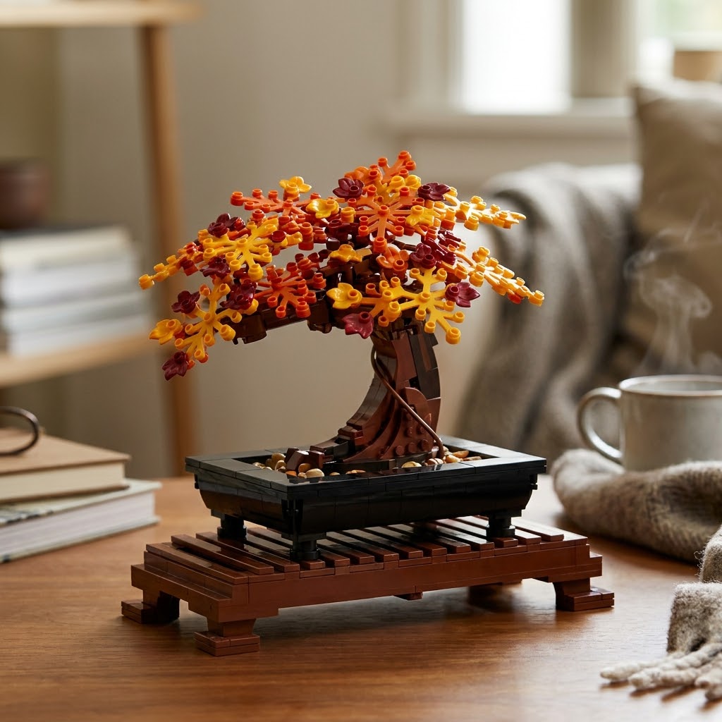 Custom LEGO Bonsai Tree mod featuring autumn orange, red, and yellow foliage.