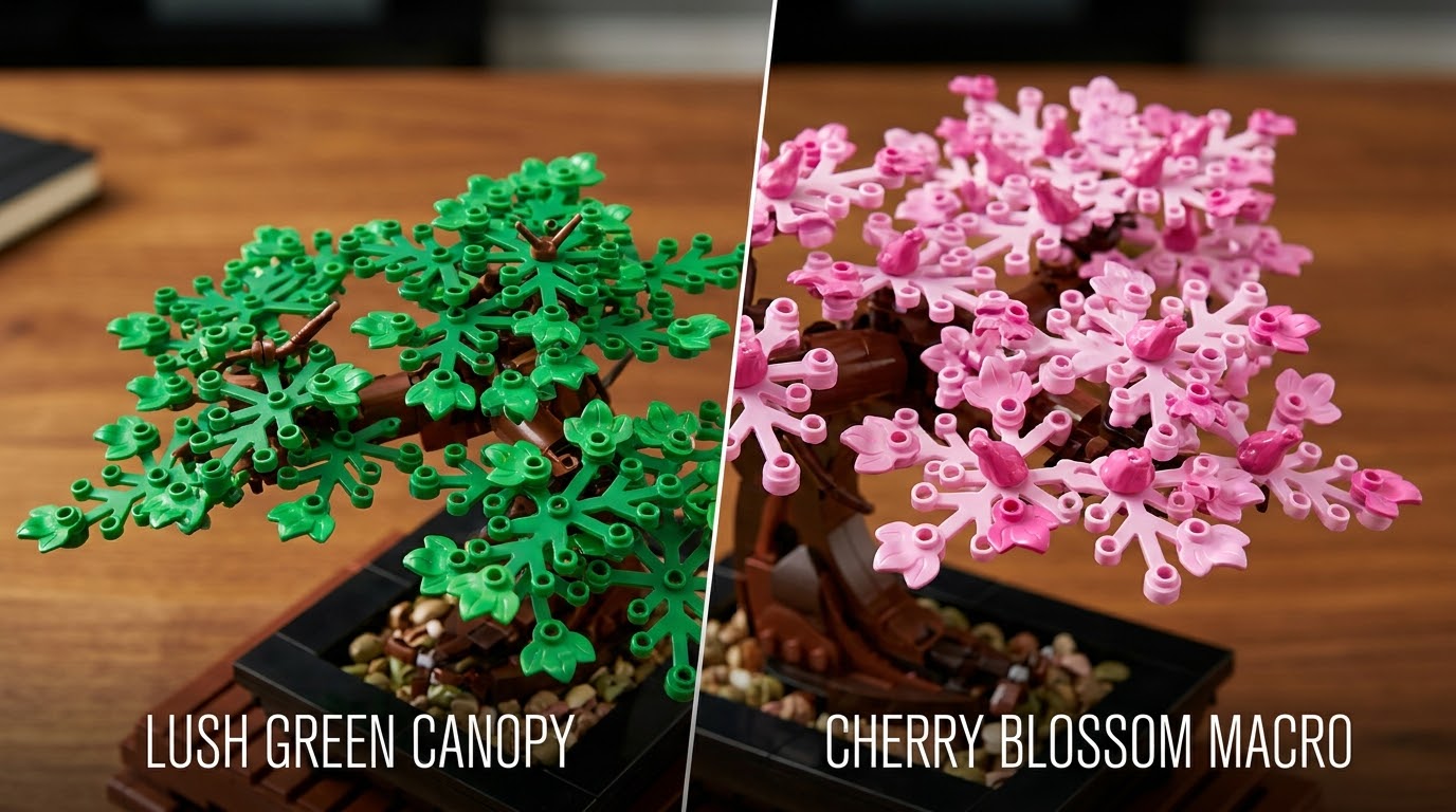 Comparison showing the green leaf canopy and the pink cherry blossom frog canopy on the LEGO Bonsai Tree.