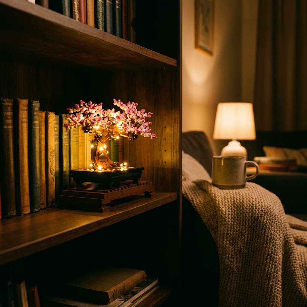 LEGO Bonsai Tree illuminated with a warm LED light kit on a bookshelf at night.